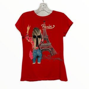 Vinizbena Eiffel Tower Paris Lady Top. Red. Artistic Graphic Tee